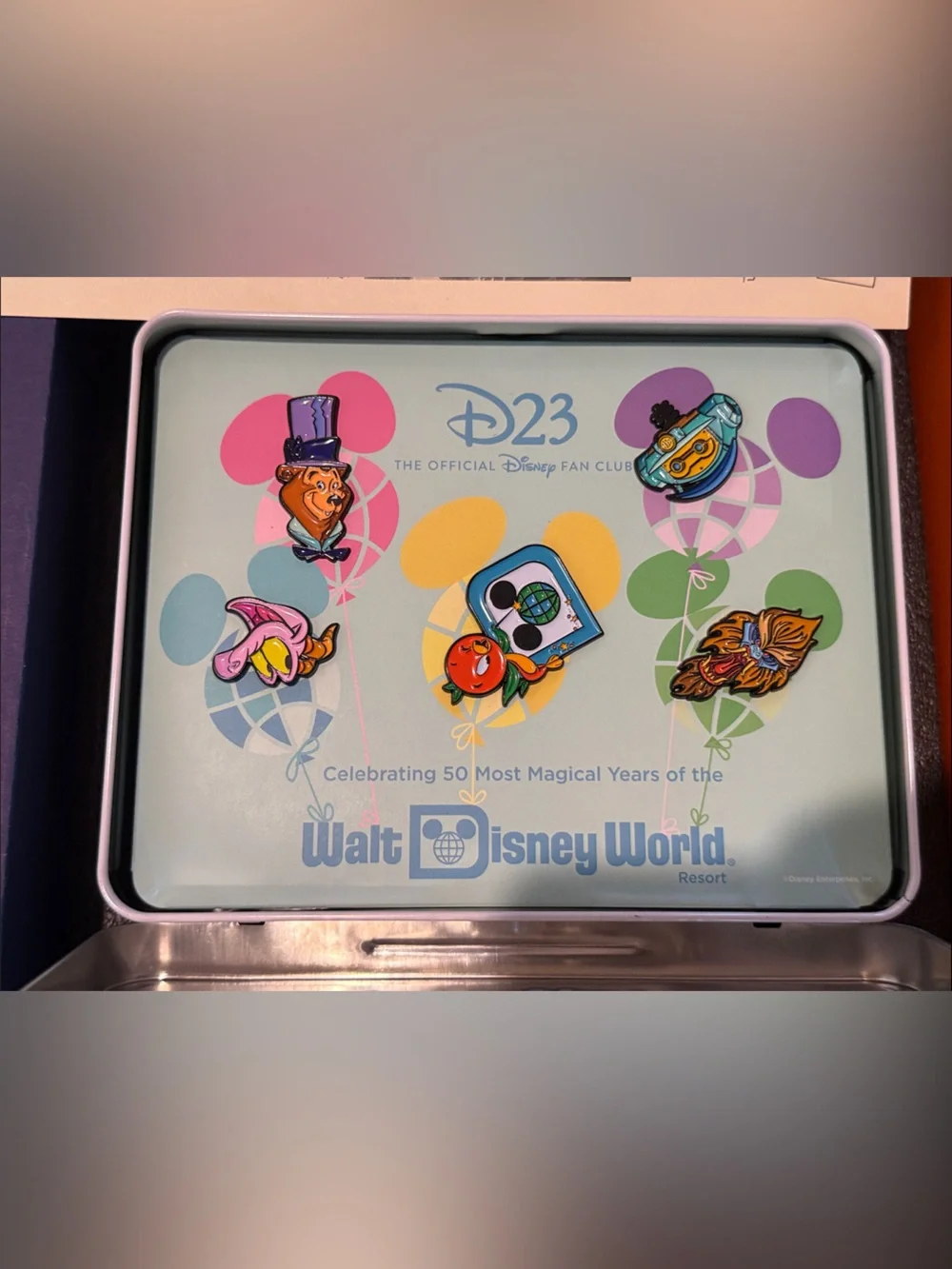 Disney D23 Celebrates 50 Most Magical Years Gift Box. Pins in Lunch Box, & more.